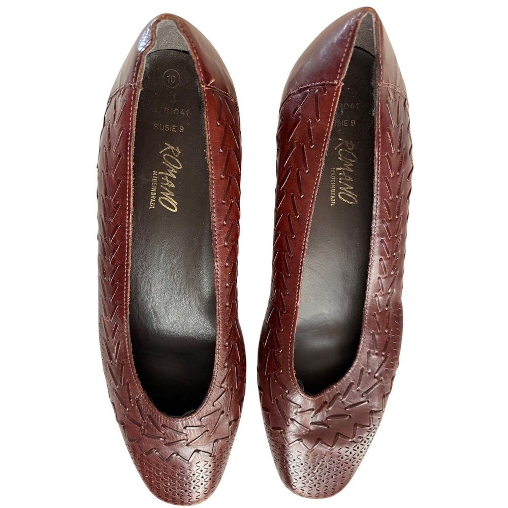 Romano Vintage Oxblood Leather Woven Perforated Flats Made in Brazil Size 9